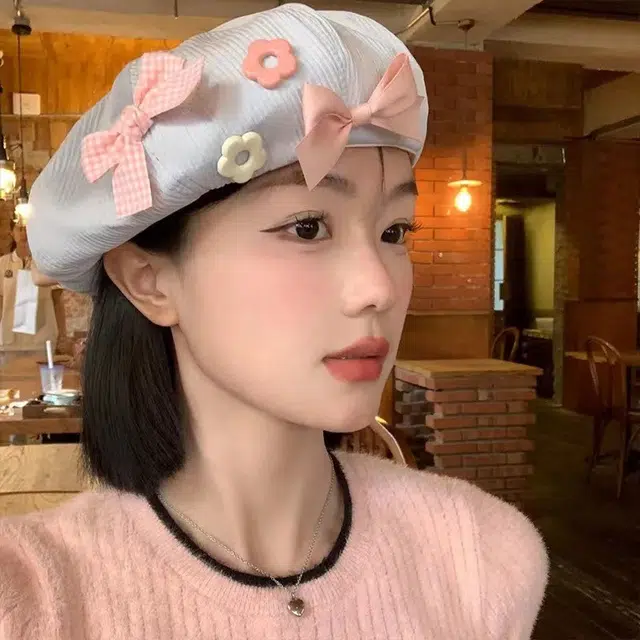 祎步康 日系可爱云朵蝴蝶结花朵#好运 棉 贝雷帽 女款