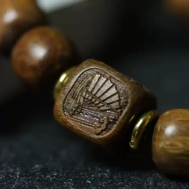 弘浪 手工精雕中式一帆风顺国潮小众木质文玩转运招财纳福平安喜乐八方来财财圈简约文玩盘玩佛珠念珠 绿檀 手串 男女同款情侣款