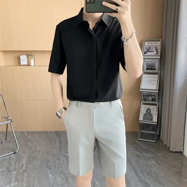 寻星记 美式韩版冰丝男士夏季高级感抗皱免烫商务休闲短袖衬衣衬衫 男女同款