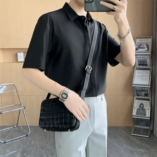 寻星记 美式韩版冰丝男士夏季高级感抗皱免烫商务休闲短袖衬衣衬衫 男女同款