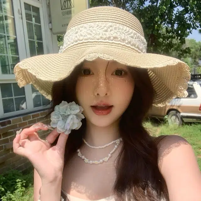 优幽兰 蝴蝶结波浪边蕾丝百搭高级感大帽檐显脸小编织帽海边沙滩度假遮阳帽拍 织物 渔夫帽 女款