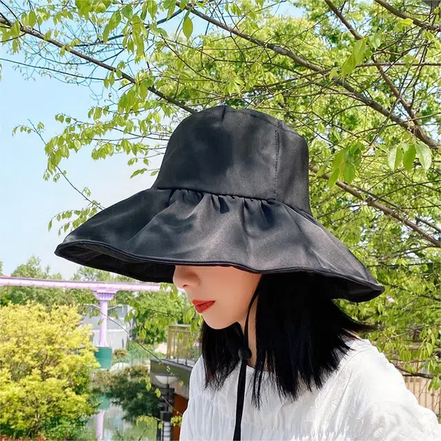 优幽兰 黑胶大檐防晒韩版大脸显脸小大头围户外旅行沙滩高级感小众氛围感 聚酯纤维 渔夫帽 女款