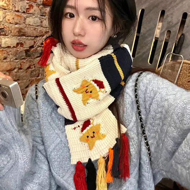 优幽兰 时尚潮流高级感彩色流苏针织冬季保暖百搭小众设计感撞色条纹学生可爱少女心穿搭 腈纶 绒线围巾 女款