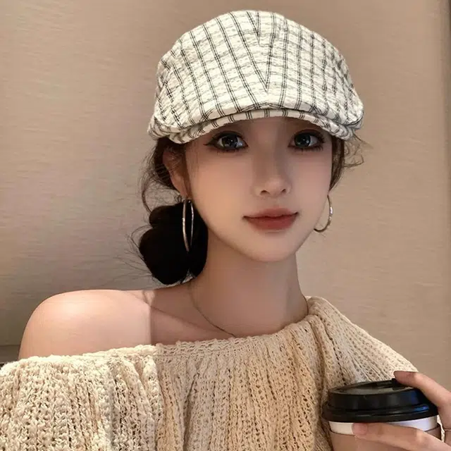 优幽兰 日系文艺小格子画家帽百搭休闲高级感时尚纯色蓓蕾帽出游搭配拍照韩 聚酯纤维 贝雷帽 女款