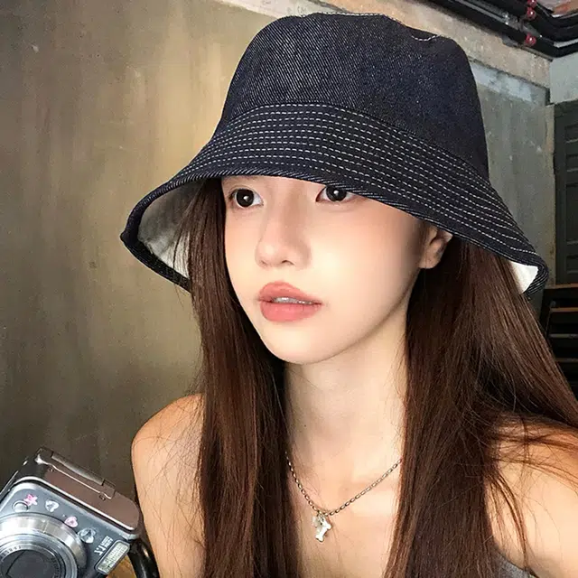 优幽兰 日系复古双面可戴牛仔防晒帽女简约高级感显脸小百搭水桶帽纯色休闲遮阳防紫外线盆帽潮 棉  渔夫帽 女款