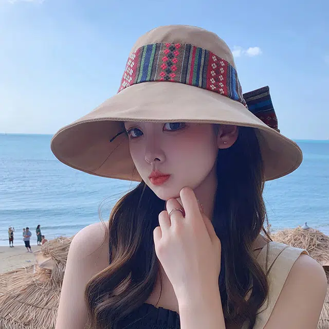 优幽兰 百搭潮流小众设计感民族风可折叠骑车大檐遮阳时尚旅游度假防紫外线太阳夏 聚酯纤维 防晒帽 女款