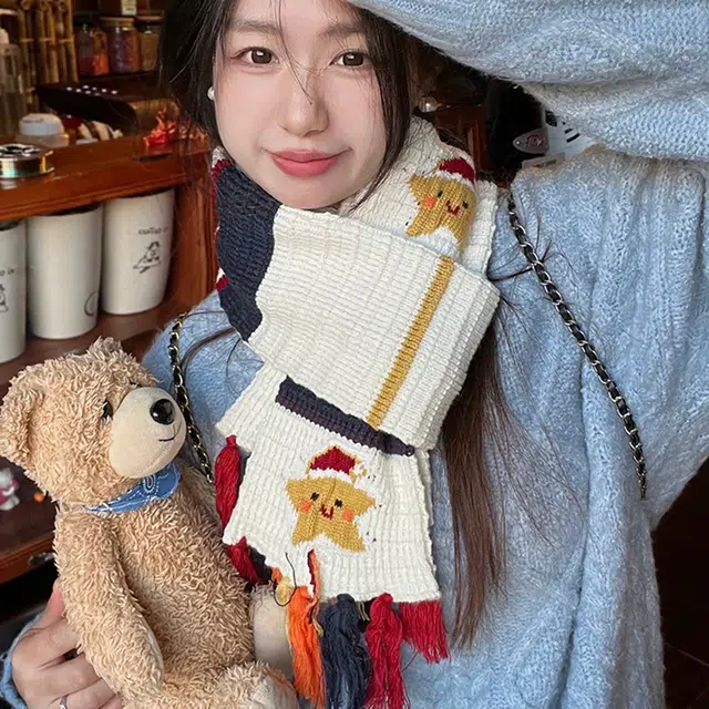 优幽兰 时尚潮流高级感彩色流苏针织冬季保暖百搭小众设计感撞色条纹学生可爱少女心穿搭 腈纶 绒线围巾 女款