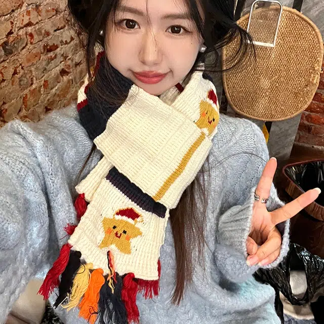 优幽兰 时尚潮流高级感彩色流苏针织冬季保暖百搭小众设计感撞色条纹学生可爱少女心穿搭 腈纶 绒线围巾 女款