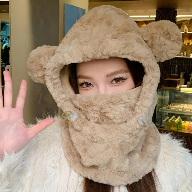 优幽兰 韩系甜美可爱显脸小骑车小众高级感防风防寒护耳加厚保暖一体 聚酯纤维 帽子 女款