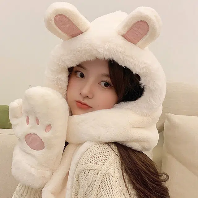 优幽兰 一体式可爱加厚保暖毛绒三件套 其他 帽子 女款