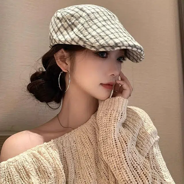 优幽兰 日系文艺小格子画家帽百搭休闲高级感时尚纯色蓓蕾帽出游搭配拍照韩 聚酯纤维 贝雷帽 女款