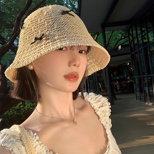 优幽兰 甜美蝴蝶结手工编织渔夫帽子韩版百搭高级感夏季镂空透气海边沙滩出游遮阳防紫外线盆帽#好运 聚酯纤维 防晒帽 女款