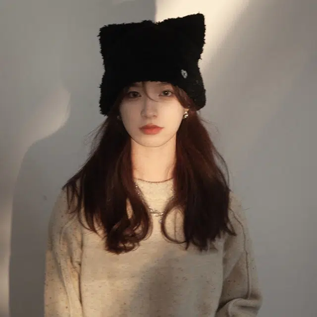 优幽兰 时尚百搭高级感加绒加厚毛绒帽韩系甜美可爱大头围显脸小毛线针织帽日系休闲简约纯色护耳保暖 聚酯纤维 绒线帽 女款