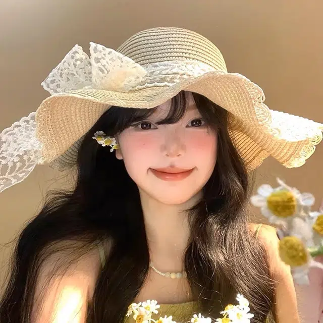 优幽兰 蝴蝶结波浪边蕾丝百搭高级感大帽檐显脸小编织帽海边沙滩度假遮阳帽拍 织物 渔夫帽 女款