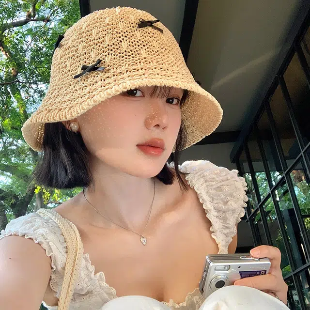 优幽兰 甜美蝴蝶结手工编织渔夫帽子韩版百搭高级感夏季镂空透气海边沙滩出游遮阳防紫外线盆帽#好运 聚酯纤维 防晒帽 女款