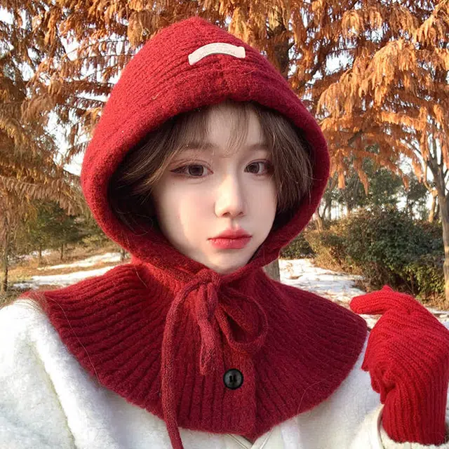优幽兰 韩版百搭显脸小巴拉克拉法帽围巾帽子一体毛线针织帽时尚潮流高级感保暖喜庆 腈纶 绒线帽 女款