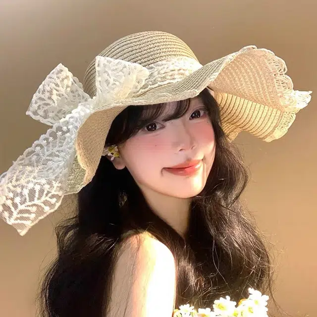 优幽兰 蝴蝶结波浪边蕾丝百搭高级感大帽檐显脸小编织帽海边沙滩度假遮阳帽拍 织物 渔夫帽 女款
