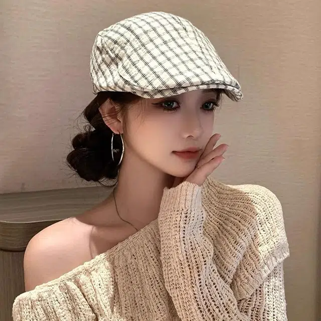 优幽兰 日系文艺小格子画家帽百搭休闲高级感时尚纯色蓓蕾帽出游搭配拍照韩 聚酯纤维 贝雷帽 女款