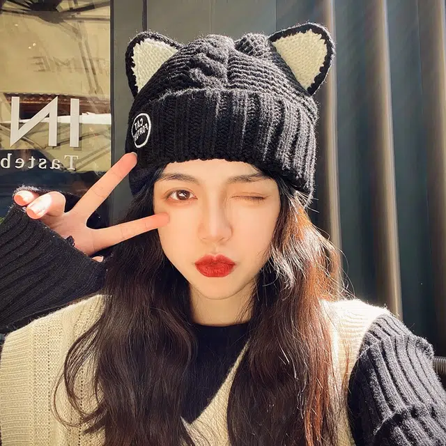 优幽兰 显脸小猫耳针织 加厚 保暖包头 护耳高级感 绒线帽 女款