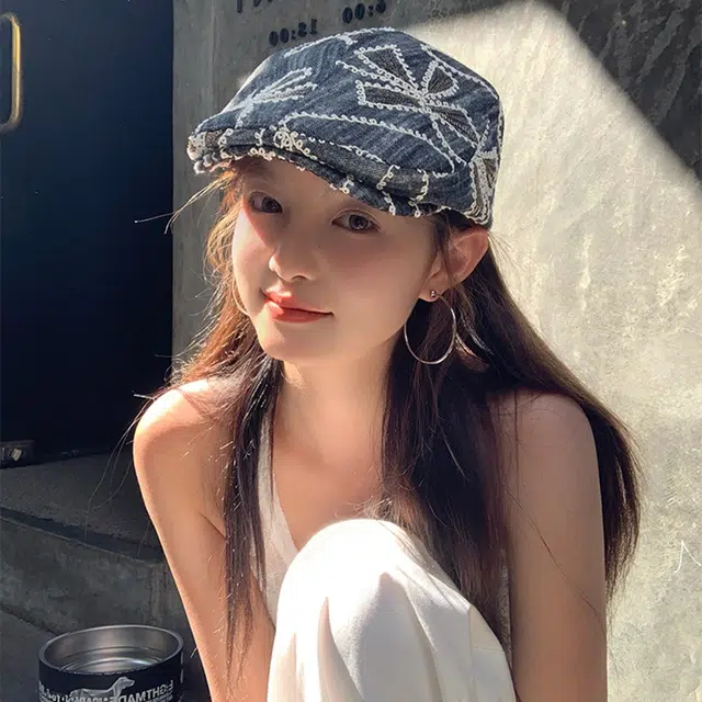 优幽兰 时尚潮流个性刺绣花朵前进帽子女百搭亮片牛仔鸭舌帽街头显脸小遮阳防晒蓓蕾 聚酯纤维 贝雷帽 女款