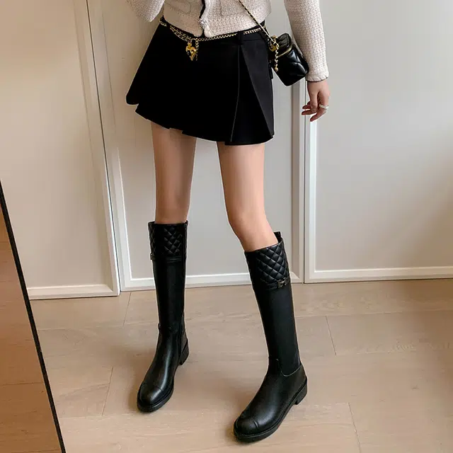 复古时尚百搭通勤休闲显瘦气质小香风骑士靴 高筒靴 女款 经典黑色