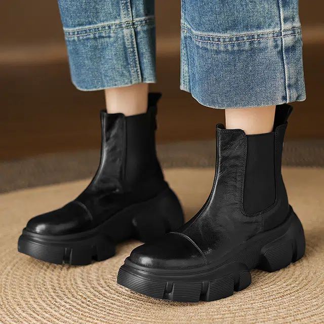 五九丹七 牛皮革 羊皮柔软舒适厚底休闲短靴 百搭 短筒 切尔西靴 女