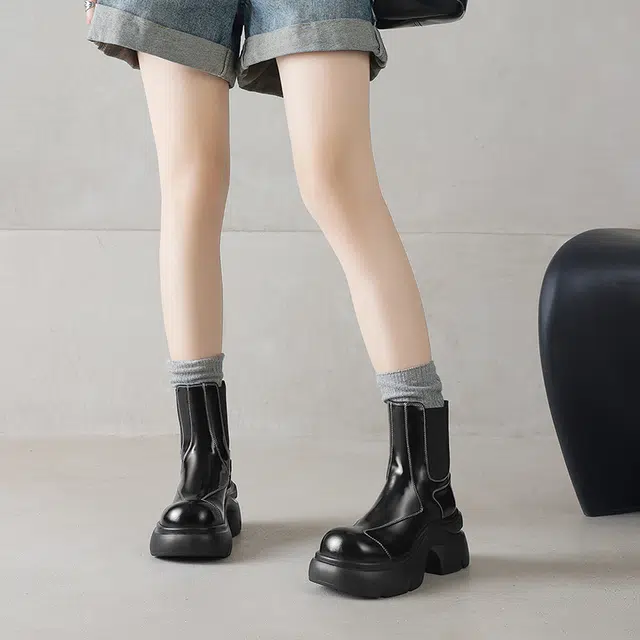 五九丹七 牛皮 潮流网红风百搭 厚底短靴 短筒 切尔西靴 女