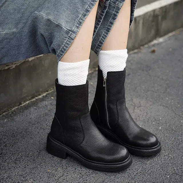 五九丹七 头层牛皮 水洗皮纹理质感大气 百搭经典休闲宽松拉链短靴 短筒  切尔西靴 女