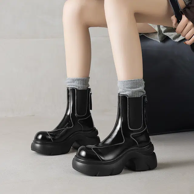 五九丹七 牛皮 潮流网红风百搭 厚底短靴 短筒 切尔西靴 女