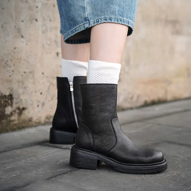 五九丹七 头层牛皮 水洗皮纹理质感大气 百搭经典休闲宽松拉链短靴 短筒  切尔西靴 女