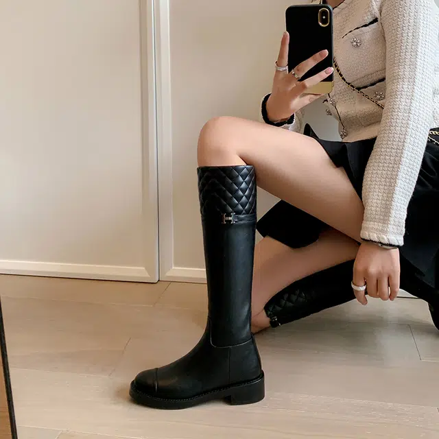 复古时尚百搭通勤休闲显瘦气质小香风骑士靴 高筒靴 女款 经典黑色
