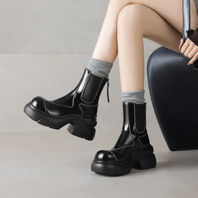 五九丹七 牛皮 潮流网红风百搭 厚底短靴 短筒 切尔西靴 女