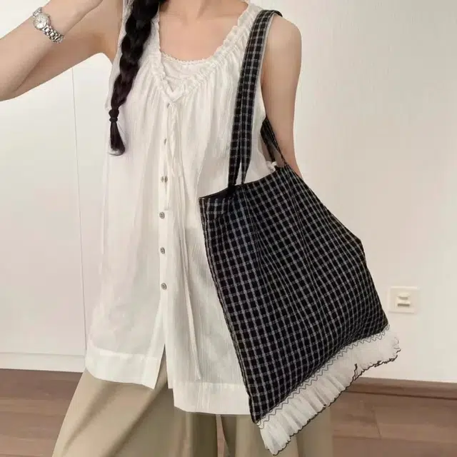 凡思曼 小众设计蕾丝蝴蝶结格子大容量通勤托特腋下包 织物 单肩包 女款 黑色