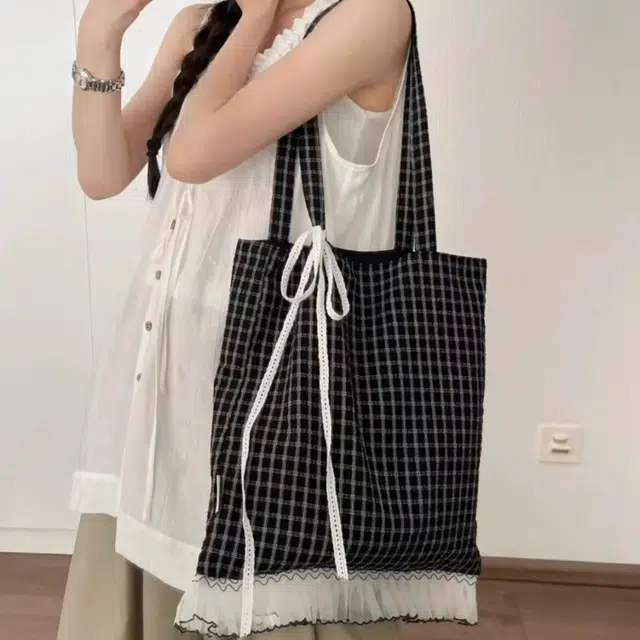 凡思曼 小众设计蕾丝蝴蝶结格子大容量通勤托特腋下包 织物 单肩包 女款 黑色