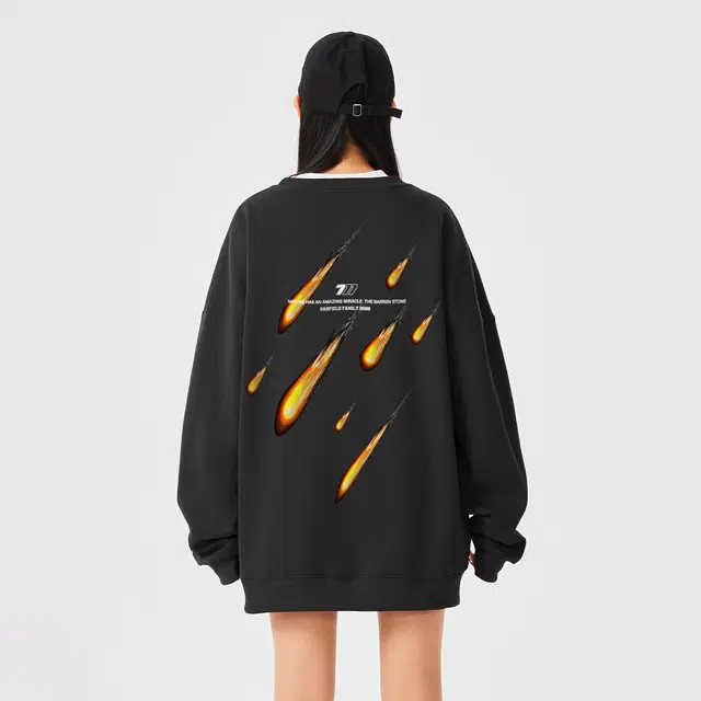 加菲猫家族 美式街头潮流潮牌 背面火流星雨印花宽松圆领休闲长袖卫衣 男女同款