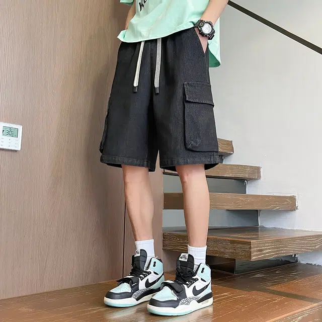 加菲猫家族 经典纯色侧边大口袋松紧系带宽松直筒百搭水洗磨白做旧美式高街机能风五分工装运动休闲牛仔短裤 男女同款