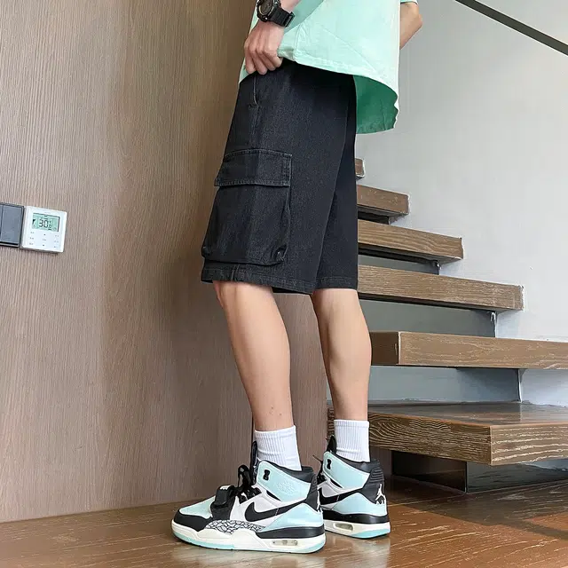 加菲猫家族 经典纯色侧边大口袋松紧系带宽松直筒百搭水洗磨白做旧美式高街机能风五分工装运动休闲牛仔短裤 男女同款