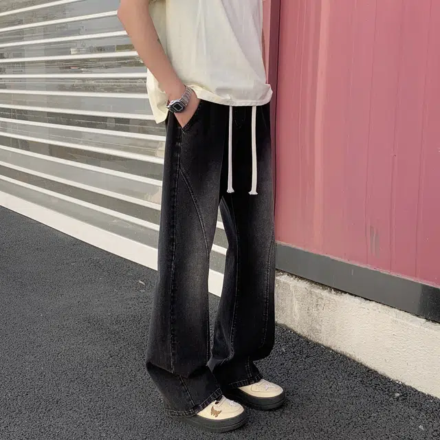 加菲猫家族 美式高街复古潮牌废土风垂感直筒微喇经典纯色痞帅修身显高窄版松紧中腰系绳牛仔裤 男女同款