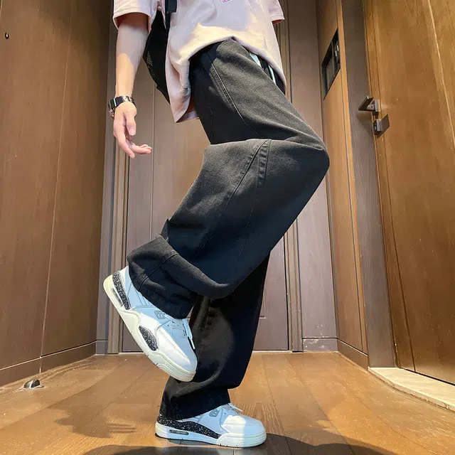 加菲猫家族 美式高街水洗做旧休闲复古风宽松潮流百搭舒适直筒系带中腰长裤牛仔裤 男女同款