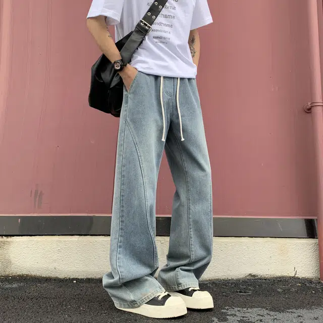加菲猫家族 美式高街复古潮牌废土风垂感直筒微喇经典纯色痞帅修身显高窄版松紧中腰系绳牛仔裤 男女同款