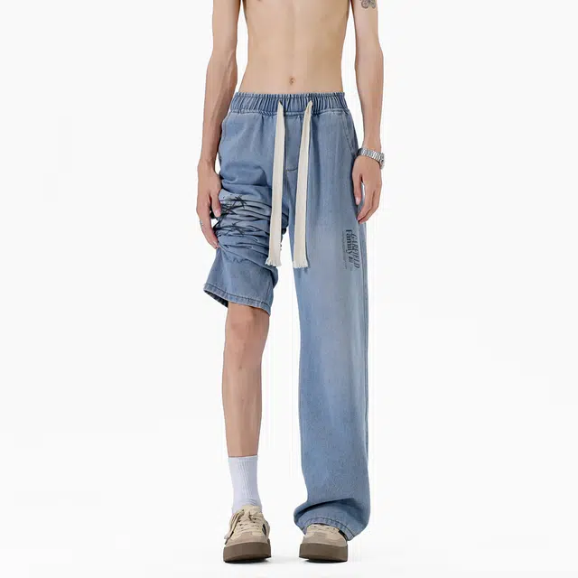 加菲猫家族 美式高街复古竹叶字母印花水洗做旧直筒垂感休闲宽松通勤舒适百搭潮流时尚显高无性别主义中腰系带牛仔裤 男女同款