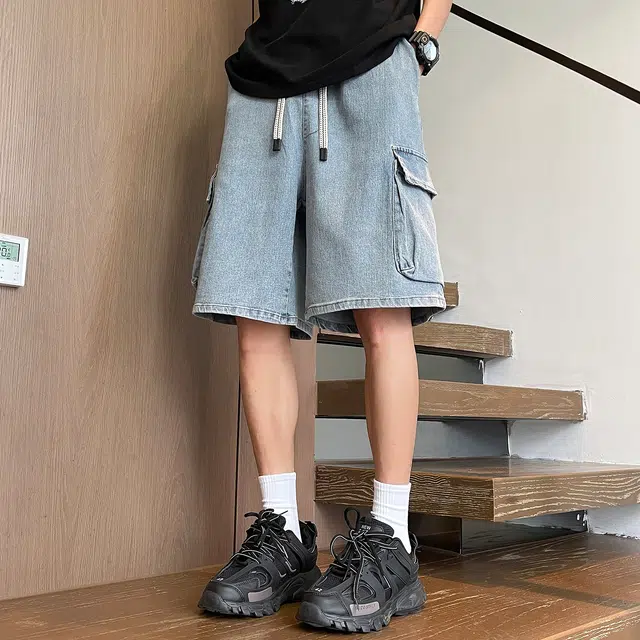 加菲猫家族 经典纯色侧边大口袋松紧系带宽松直筒百搭水洗磨白做旧美式高街机能风五分工装运动休闲牛仔短裤 男女同款
