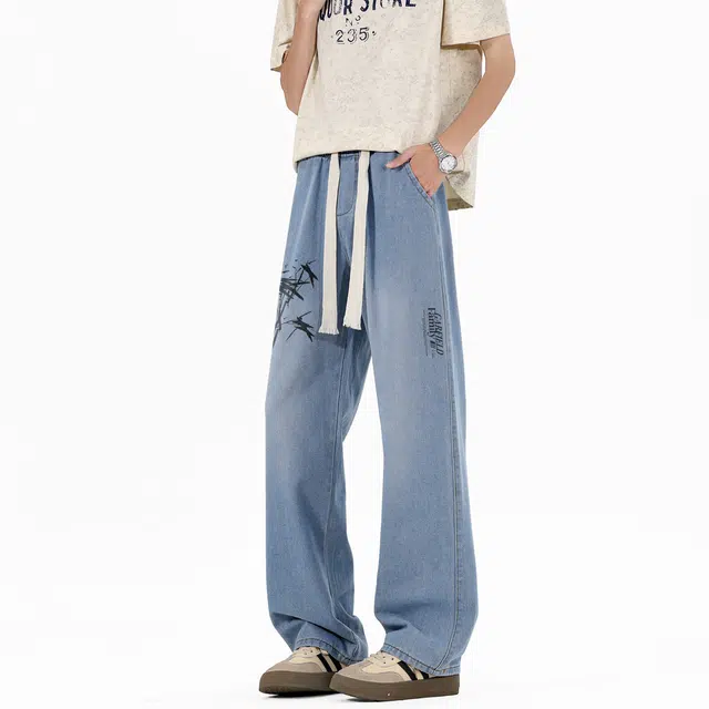 加菲猫家族 美式高街复古竹叶字母印花水洗做旧直筒垂感休闲宽松通勤舒适百搭潮流时尚显高无性别主义中腰系带牛仔裤 男女同款