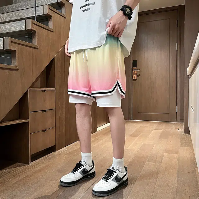 加菲猫家族 美式潮流高街假两件渐变设计训练网眼宽松舒适透气运动五分休闲短裤篮球裤 男女同款