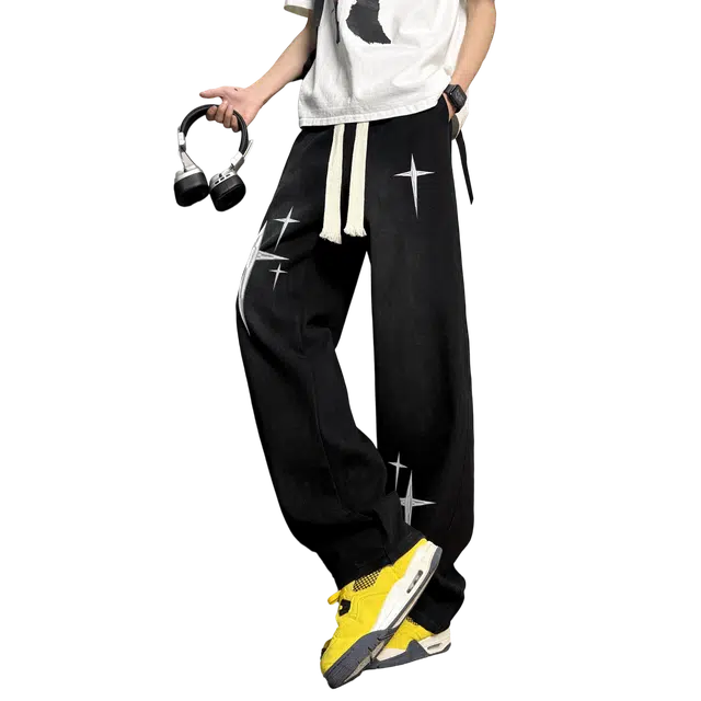 加菲猫家族 美式复古街头黄泥染水洗做旧废土风宽松弹力个性星星印花潮流时尚显瘦高显腿长百搭垂坠柔软不硬工装微喇帅气牛仔裤 男女同款