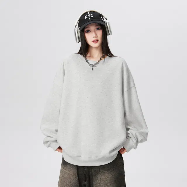 加菲猫家族 美式复古高街潮流基础款纯色简约休闲百搭户外运动通勤舒适透气落肩套头宽松学生党长袖卫衣 男女同款