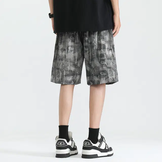 加菲猫家族 美式潮流手工磨破宽松舒适透气日常通勤运动百搭时尚高街个性街头痞帅学院风直筒中腰系带五分休闲短裤 男女同款