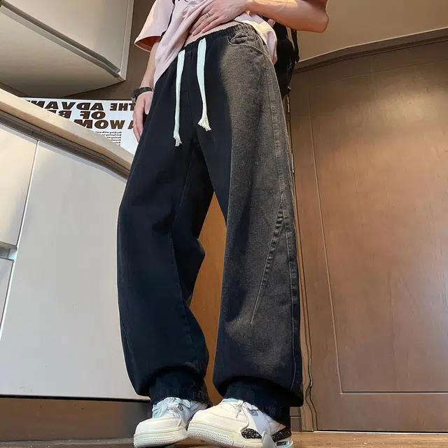 加菲猫家族 美式高街水洗做旧休闲复古风宽松潮流百搭舒适直筒系带中腰长裤牛仔裤 男女同款