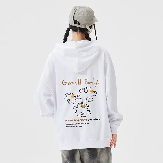 加菲猫家族 美式高街拼图字母印花潮流运动宽松基础款休闲通勤百搭上衣慵懒风无性别主义亲肤柔软舒适套头连帽卫衣 男女同款