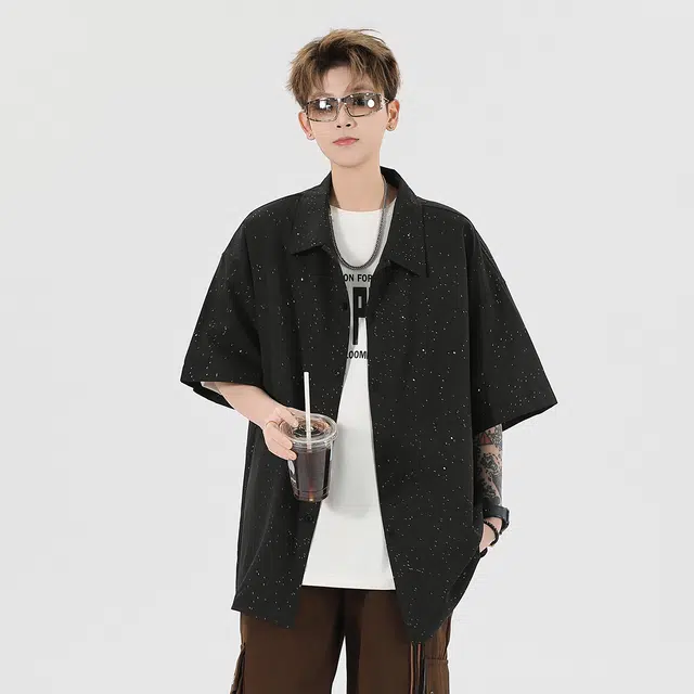 加菲猫家族 美式高街满天星纯色简约宽松休闲百搭户外日常时尚通勤柔软舒适亲肤透气翻领青春活力短袖衬衫 男女同款